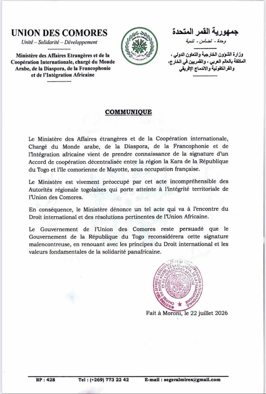 Communiqué officiel des Comores sur l'accord Kara–Mayotte.